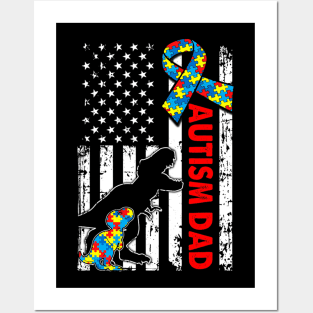 Mens Distressed Dinosaur Autism Dad USA Flag Autism Awareness Posters and Art